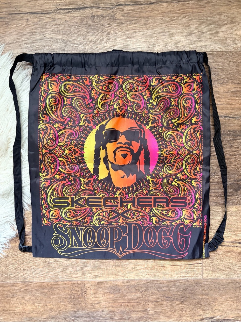 Skechers Black Drawstring Backpack with Neon Paisley Snoop Dogg Graphic